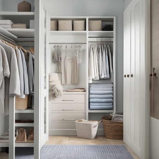 A serene, organized closet interior with a soft, natural light filtering through a sliding door, featuring a mix of hanging rods, shelves, and baskets in a calming, monochromatic color scheme.