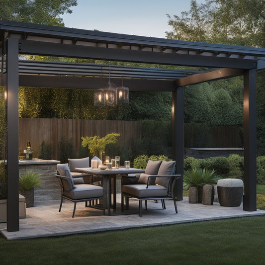 A serene outdoor setting with a sleek, modern pergola, featuring a retractable canopy, built-in outdoor kitchen, and comfortable seating area with plush, weather-resistant furniture and ambient string lights.