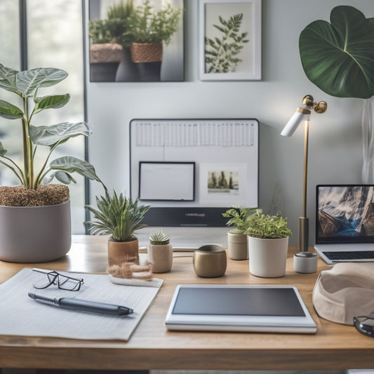A tidy, modern home office with a laptop, tablet, and smartphone displaying various digital organization tools, surrounded by neatly labeled folders, a minimalist desk calendar, and a few thriving plants.