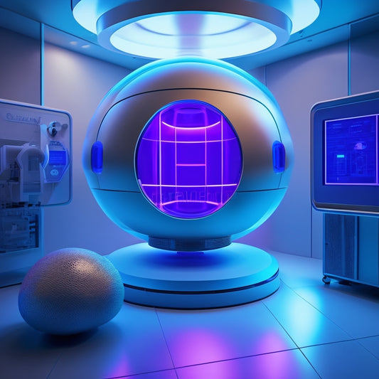 A futuristic, sleek radiation therapy machine with glowing blue accents, surrounded by translucent 3D tumor models and orbiting electrons, set against a dark, gradient blue background.