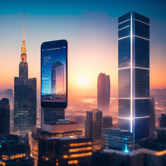 A futuristic cityscape at sunset with sleek skyscrapers, a giant smartphone in the foreground displaying a real estate app, and various digital tools orbiting around it, connected by glowing blue lines.