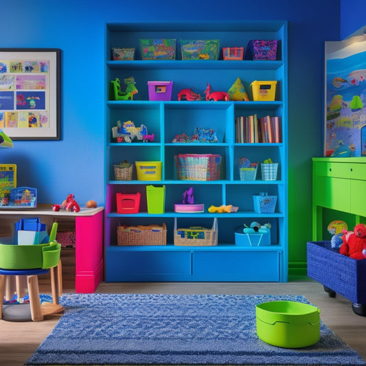 A colorful, well-lit playroom with a sleek, wall-mounted toy organizer, featuring labeled bins, built-in shelves, and a slide-out drawer, surrounded by neatly arranged toys and happy, playing children.
