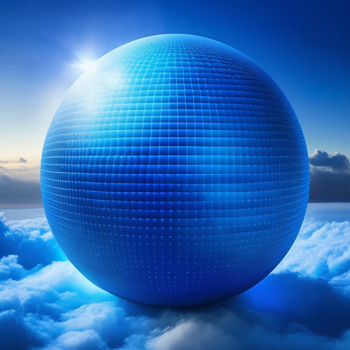 A futuristic, glowing blue orb surrounded by swirling clouds of binary code, with a subtle grid pattern in the background, representing the vast, secured storage of Azure Blob Storage.