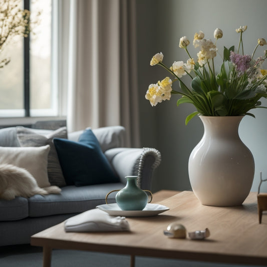 A serene, minimalist living room with a few, carefully-placed decorative items, a vase with fresh flowers, and a calm color palette, contrasting with a cluttered, messy room in the background.