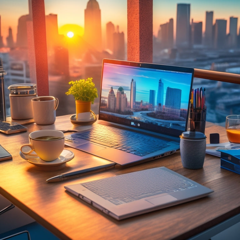 A desk with a laptop open to a Microsoft Word document, surrounded by colorful folders, pens, and a cup of coffee, with a subtle background of a cityscape at sunrise.