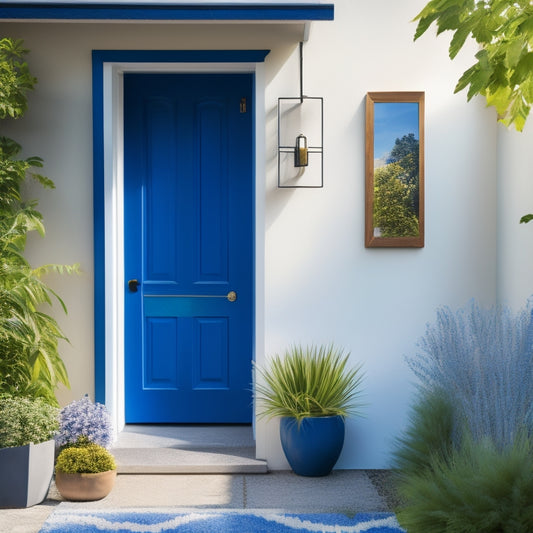A luxurious, modern home with a bright blue door, surrounded by lush greenery and a sunny sky, with a subtle hint of a blueprint or architectural drawing in the background.