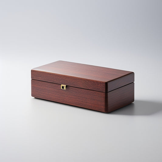 A minimalist, rectangular wooden storage box with a hinged lid, adorned with a subtle metal handle and a rich, dark wood grain pattern, placed on a clean, white background.