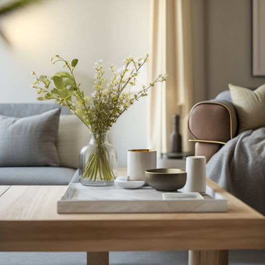 A serene, minimalist living room with a few, carefully-placed decorative objects, a tidy bookshelf, and a vase with fresh flowers on a clutter-free coffee table.