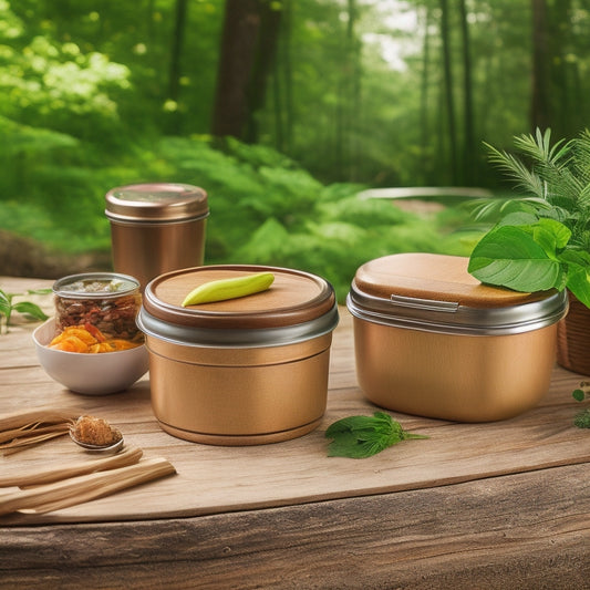 A colorful illustration featuring a mix of eco-friendly food containers, such as bamboo, stainless steel, and compostable containers, arranged artfully on a natural wood table, surrounded by lush greenery.