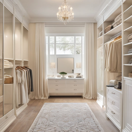 A luxurious, white, walk-in closet with sleek, minimalist shelving, a floor-to-ceiling shoe rack, and a central island with drawers, surrounded by elegant, floor-length curtains.