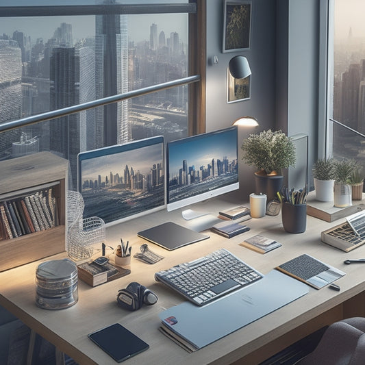 A stylized, modern illustration of a professional organizer's workspace, featuring a tidy desk, a few carefully placed files, and a subtle cityscape background, with a subtle arrow pointing upward.
