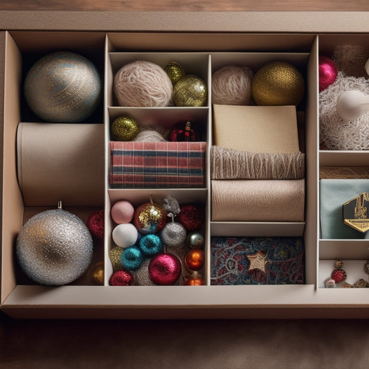 A neatly organized storage box filled with ornaments, divided into sections using cardboard inserts, paper towel rolls, and fabric scraps, with a few ornaments spilling out of the box.