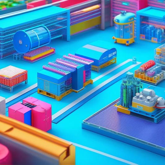 A futuristic 3D illustration depicting a factory with robots, conveyor belts, and sleek machines, surrounded by colorful boxes and rolls of printed fabric, with a subtle cityscape background.