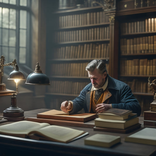 A serene, dimly lit library scene featuring a gentle-handed conservator delicately dusting a rare, leather-bound tome, surrounded by archival boxes, gloves, and precision tools on a wooden worktable.