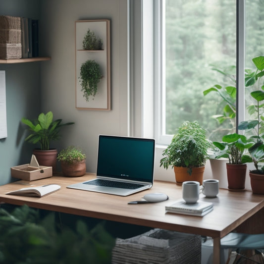 A serene, minimalist workspace with a laptop, a tidy desk, and a few, carefully placed, colorful folders, surrounded by subtle, calming greenery, conveying a sense of organized digital life.