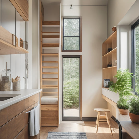 A serene, minimalist interior of a tiny home with a Murphy bed, a compact kitchen, and a ladder leading to a loft, surrounded by clever storage solutions and natural light pouring in through large windows.