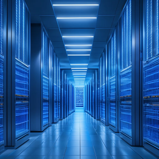 A futuristic, high-tech data center with rows of sleek, silver servers humming with blue LED lights, surrounded by transparent glass walls and a labyrinth of colorful cables.