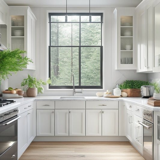 A bright, modern kitchen with creamy white cabinets, warm wood accents, and gleaming stainless steel appliances, illuminated by a large window with a lush greenery view.