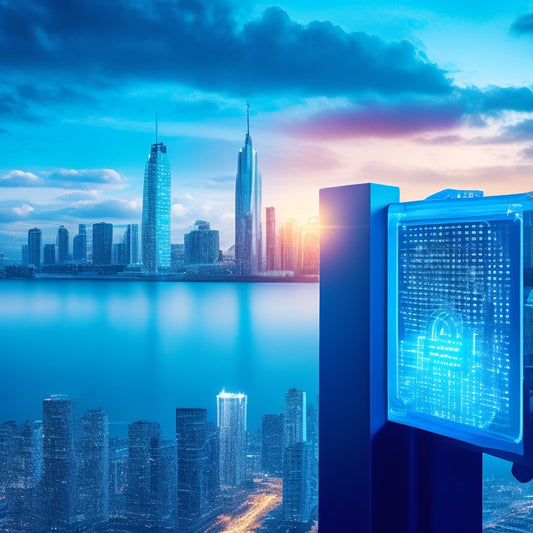An illustration of a person holding a folder with a lock on it, standing in front of a split-screen background with a cityscape on one side and a secure cloud on the other, surrounded by floating files and shields.