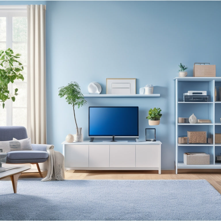A serene, minimalist living room with a few devices connected to a laptop, surrounded by empty shelves and a clutter-free desk, with a subtle background gradient of gentle blues and whites.
