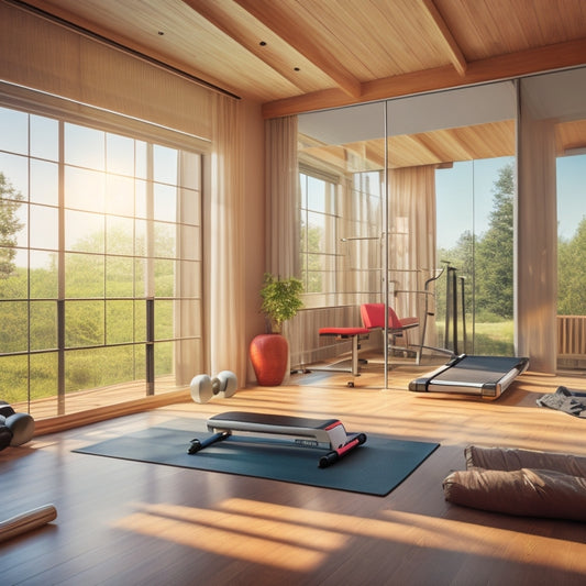 A clutter-free room with a mirrored wall, wooden flooring, and a few pieces of sleek exercise equipment, including a treadmill, dumbbells, and a yoga mat, lit by natural light pouring in through a large window.