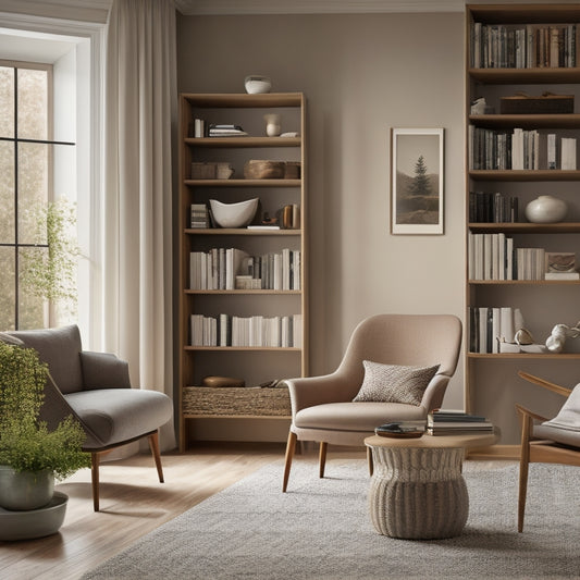 A serene, minimalist living room with a comfortable armchair, a small, round coffee table, and a floor-to-ceiling bookshelf with a few, carefully selected books and decorative items.