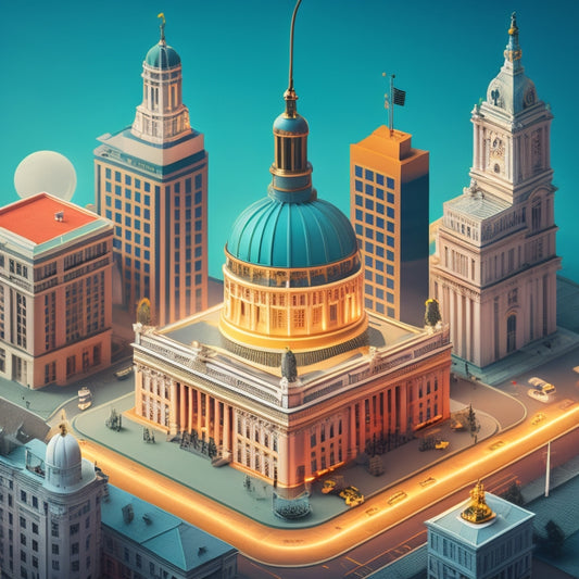 A stylized illustration of a city hall building with a bright lightbulb above, surrounded by various permits and licenses scattered around, with a subtle background of a cityscape.