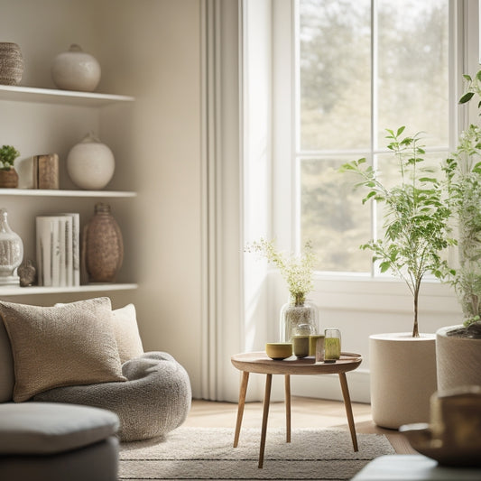 A serene, organized living room with a few, carefully selected decorative items on a minimalist shelf, and a tidy, empty floor, with a subtle, soft natural light filtering through a window.