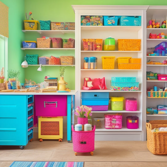 A colorful, clutter-free craft room with a variety of clever storage solutions, including stacked crates, hanging baskets, and repurposed jars, showcasing organized supplies and tools.