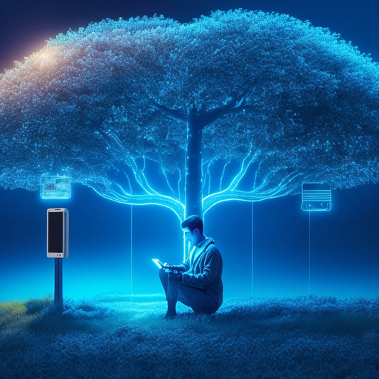 A futuristic, minimalist illustration depicting a person surrounded by floating laptops, tablets, and smartphones, with glowing circuits and wires connecting them to a growing, blooming tree.