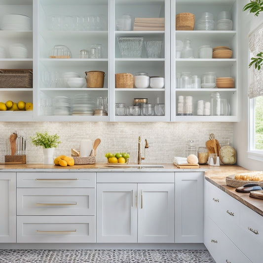 A bright, modern kitchen with sleek white cabinets, a marble countertop, and a large, organized pantry with clear glass jars, baskets, and a built-in pegboard for utensils.