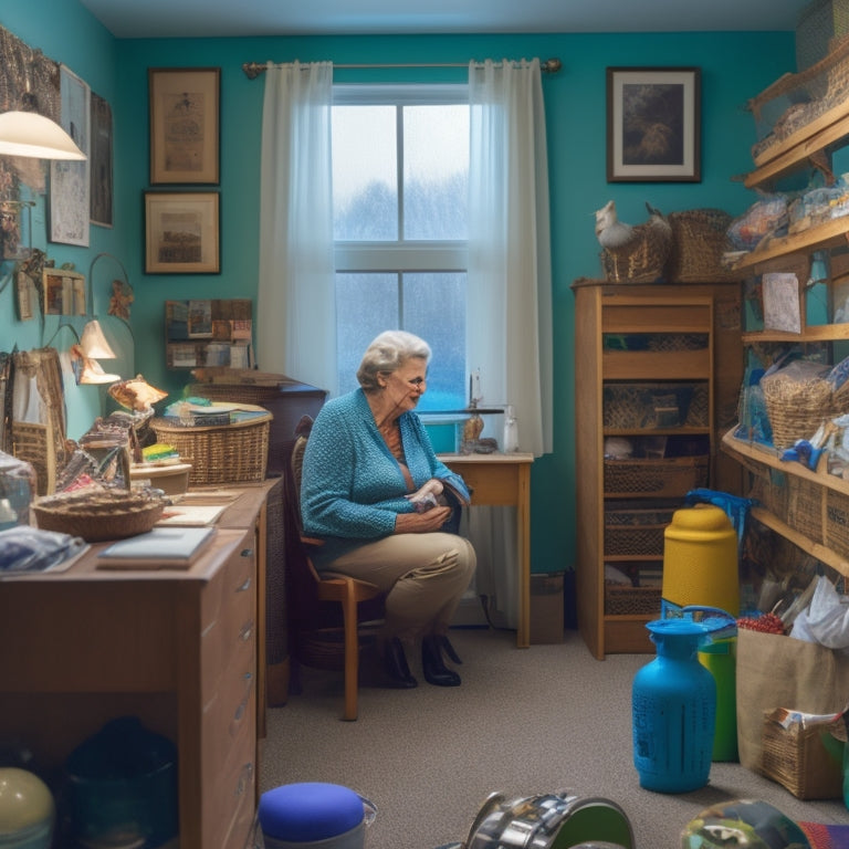 An organized, clutter-free tiny room with a senior adult in the background, surrounded by storage units, baskets, and shelves, with a few selectively placed decorations and a small, tidy desk.