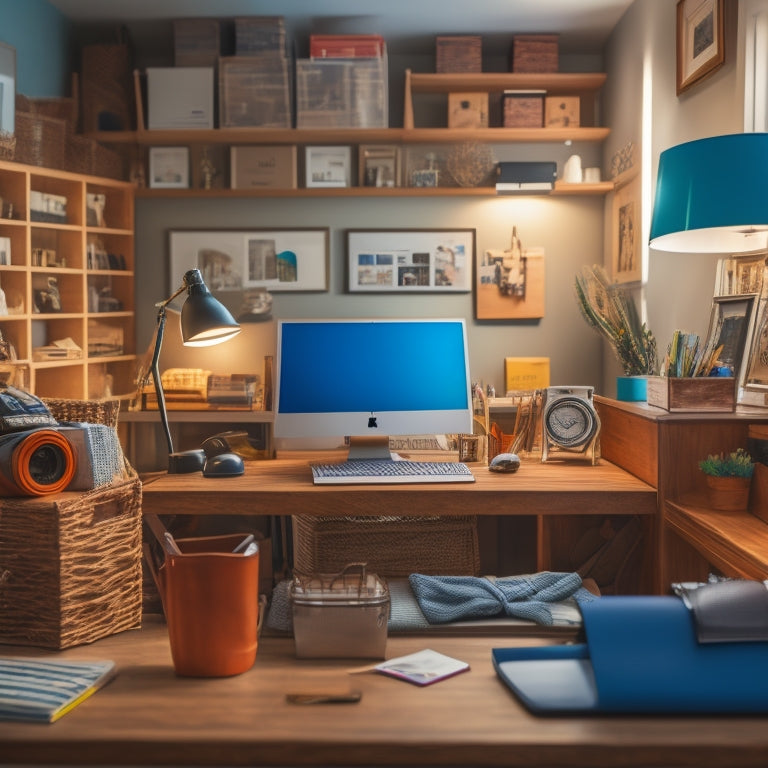 A tidy, well-organized home office with a wooden desk, surrounded by neatly labeled storage bins, baskets, and shelves, with a laptop and a pair of 3D glasses on the desk.
