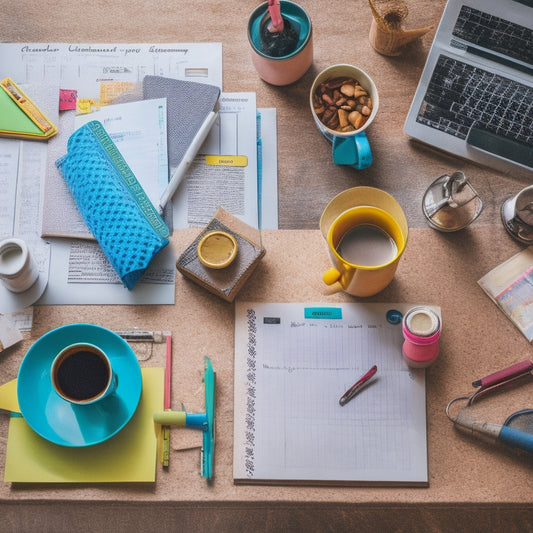 A messy desk with a few organized piles, a colorful planner, and a "to-do" list clipped to a corkboard, surrounded by scattered papers, pens, and a half-empty coffee cup.