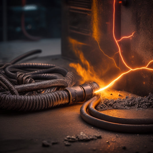 A dramatic, high-contrast image of a rugged, industrial-grade outlet with thick, heat-resistant cords and bolts, set against a dark, gritty, metallic background with sparks flying around it.
