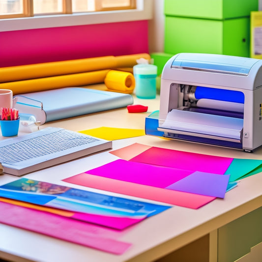 A clutter-free desk with a sleek, compact laminator, surrounded by colorful refill packs of varying sizes, with a few rolled-up laminated documents and a pair of scissors in the background.