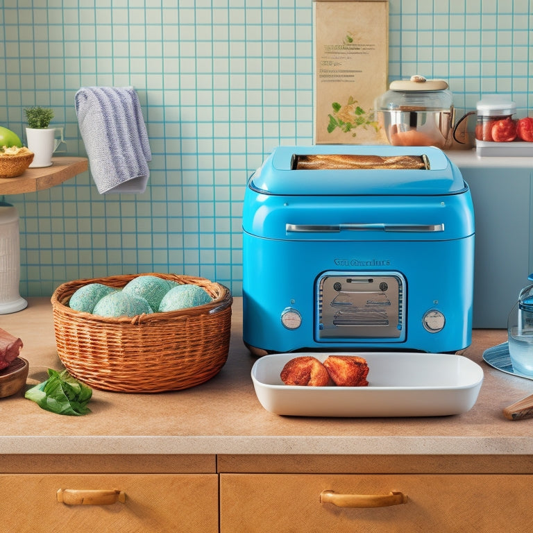 A tidy kitchen counter with a retro-style toaster tucked into a slide-out drawer beneath a butcher-block countertop, alongside a compact stand mixer nestled in a woven basket on a shelf.