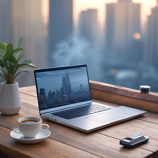 A sleek, silver laptop with a Case Notebook attached, surrounded by scattered papers, pens, and a steaming cup of coffee, on a modern, minimalist desk with a blurred cityscape background.