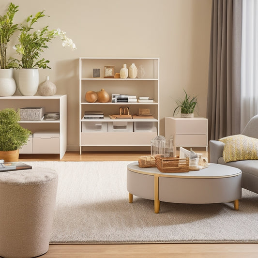 A clutter-free, modern living room with a sleek, minimalist coffee table featuring stacked, labeled storage bins and a few, carefully placed decorative items, set against a soft, creamy background.