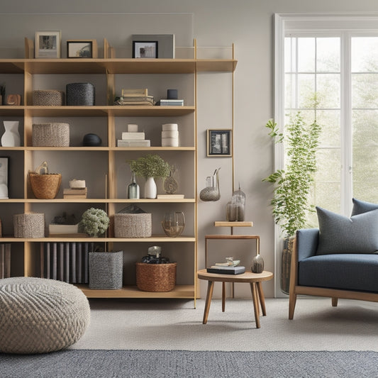 A tidy, modern living room with a sleek, wall-mounted shelving unit, woven baskets, and a minimalist storage ottoman, surrounded by neatly organized books, vases, and decorative items.