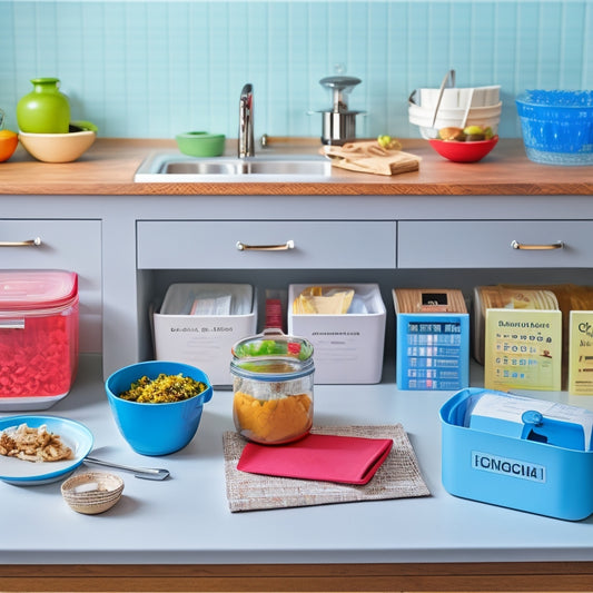 A clutter-free kitchen counter with a centralized calendar, a set of colorful bins, a stack of meal planning cards, and a few essential gadgets like a label maker and a paper tray.