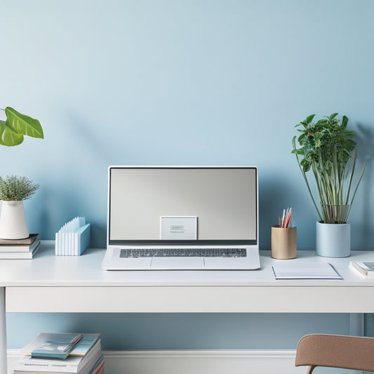 A serene, minimalist home office with a sleek, silver laptop on a clutter-free desk, surrounded by neatly labeled, pastel-colored file folders, amidst a calming, soft-blue background.