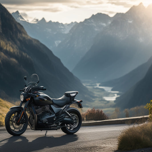 A serene landscape featuring a winding mountain road, a sleek black motorcycle parked on the side, and a knowledgeable guide in the background, gesturing towards a detailed motorcycle maintenance chart.
