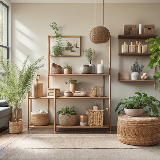 A serene, minimalist living room with a reclaimed wood shelving unit, woven baskets, and a few, carefully selected decorative items, surrounded by lush greenery and plenty of natural light.