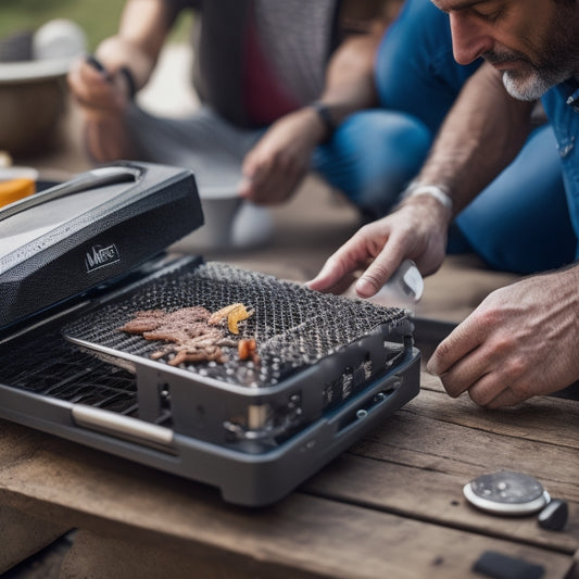 A close-up of a person's hands assembling an MHP grill, with shiny metal components and bolts scattered around, surrounded by a clean, organized workspace with a subtle outdoor background.