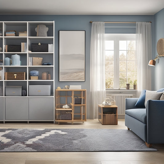 A tidy, modern living room with a wall-mounted shelving unit featuring five nesting storage bins in various sizes, each with a soft-close lid and a quilted fabric exterior in a calming blue-gray hue.