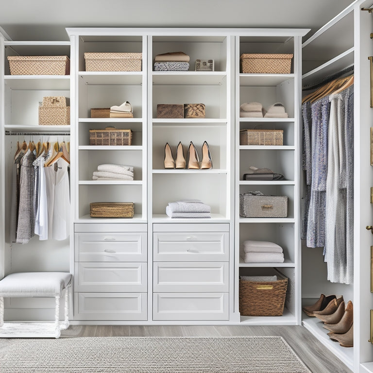 A serene, white, walk-in closet with custom shelving: double rods, stacking drawers, shoe cubbies, and a built-in bench, all compactly arranged to maximize storage in a small space.