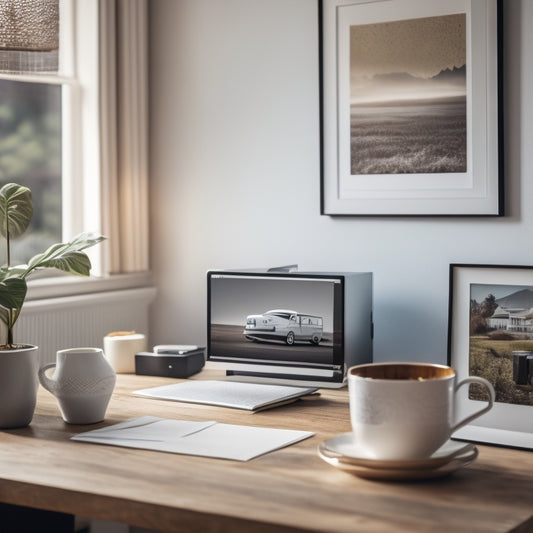 A serene home office scene with a sleek printer on a minimalist desk, surrounded by a few artfully arranged papers, a cup of steaming coffee, and a blurred background of a cozy living room.