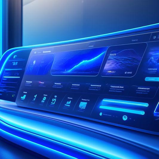 A futuristic dashboard with sleek, curved lines and a neon blue glow, featuring a customizable Azure AD B2C interface with drag-and-drop HTML elements and a responsive design preview.