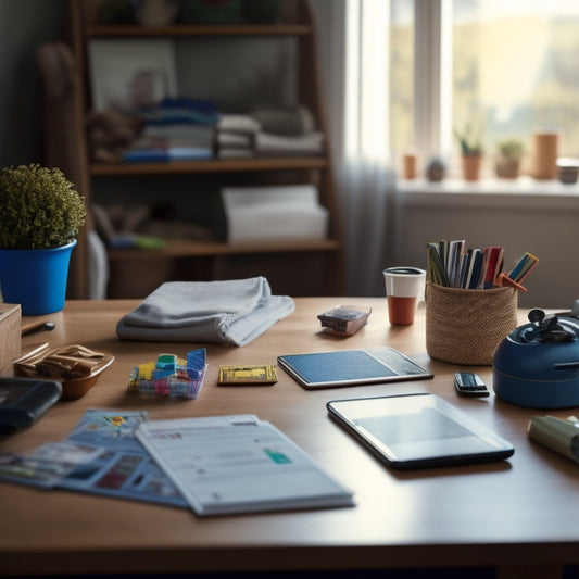 A cluttered living room with piles of papers, toys, and dirty laundry, contrasted with a serene background of a tidy digital calendar and a minimalist phone screen showcasing a home organization app's interface.